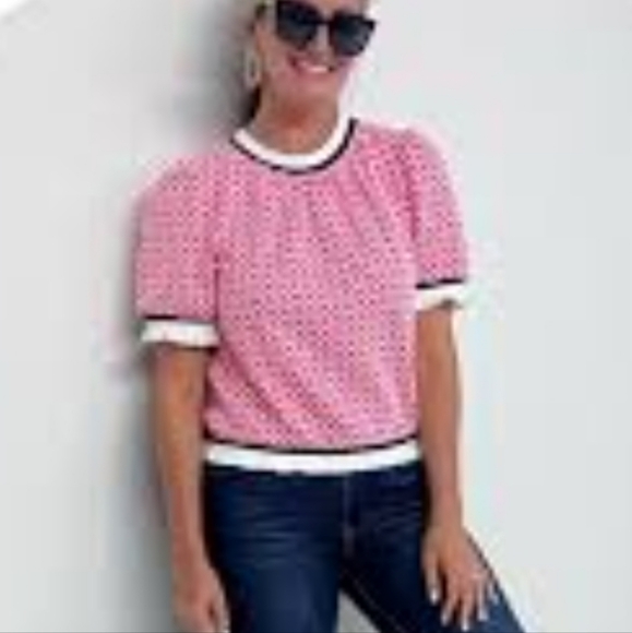 VOY Jacquard Yextured Puff Ruffle Sleeve Knit Top EUC - Picture 1 of 13